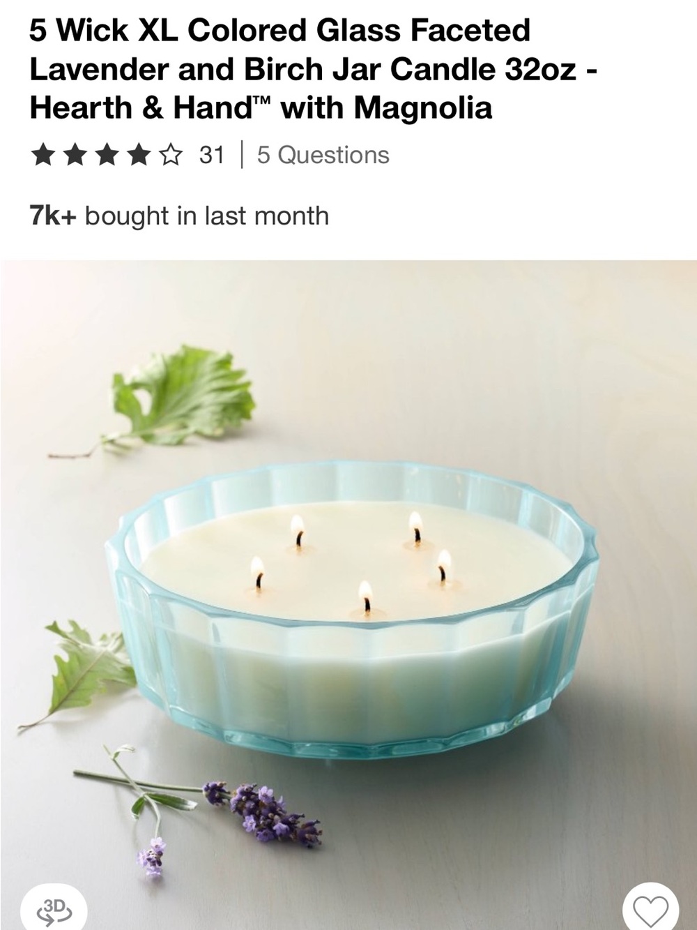 Hearth & Hand 5-Wick Tinted Glass Lavender and Birch Ribbed Jar Candle 32 oz